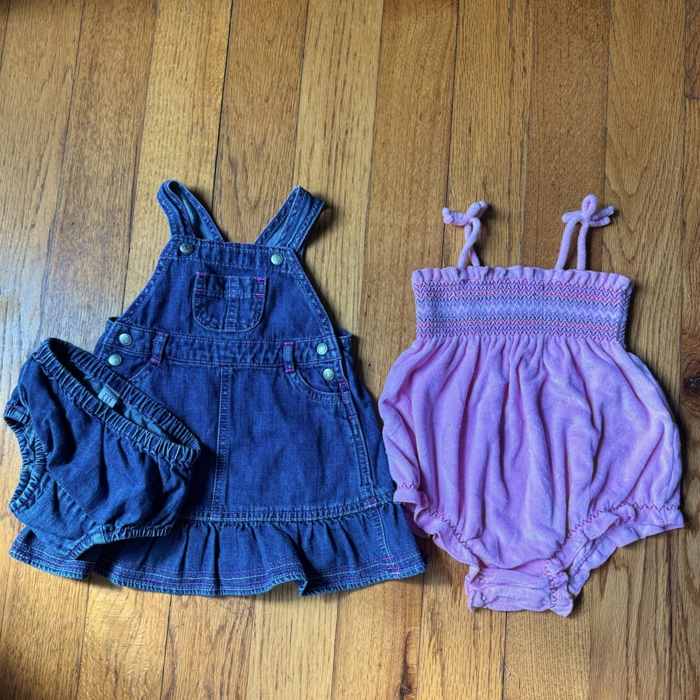 GAP Baby overall dress and Baby GAP Pink terry cloth romper bundle